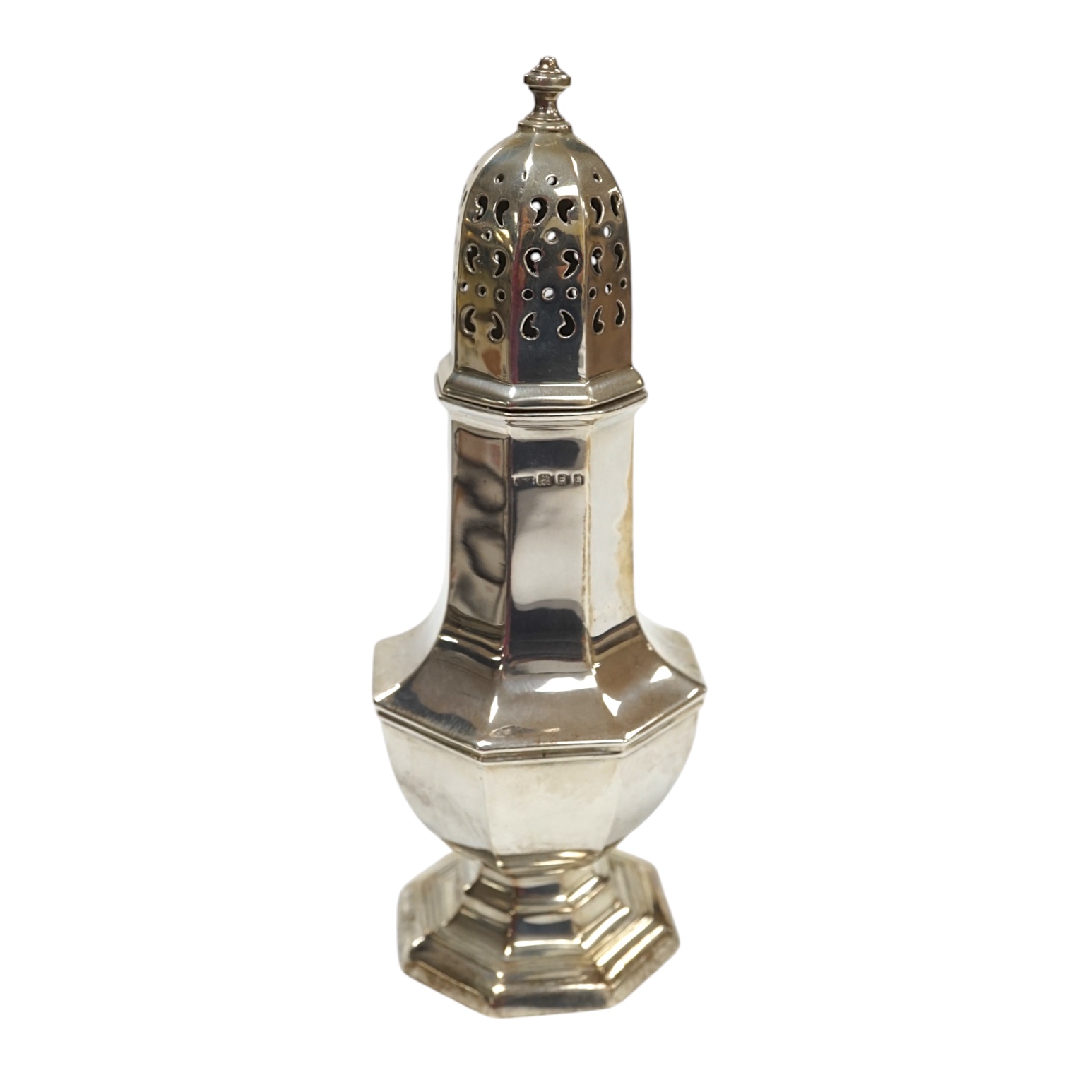 A George V silver octagonal sugar caster, Birmingham, 1918, 18.3cm, 5.5oz. Condition - poor to fair